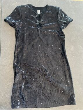 Tristan Black Sequin Midi Dress with Bow Neck